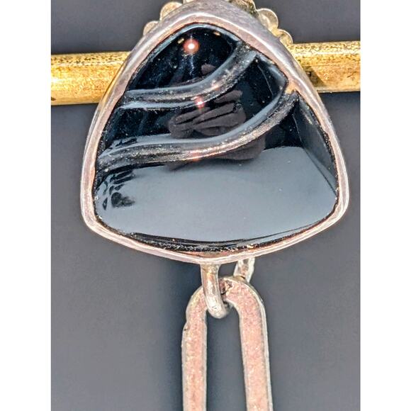 Vtg Tabra 14K Gold Post 925 Sterling Silver Carved Onyx Drop Earrings 18.34g - Picture 5 of 13